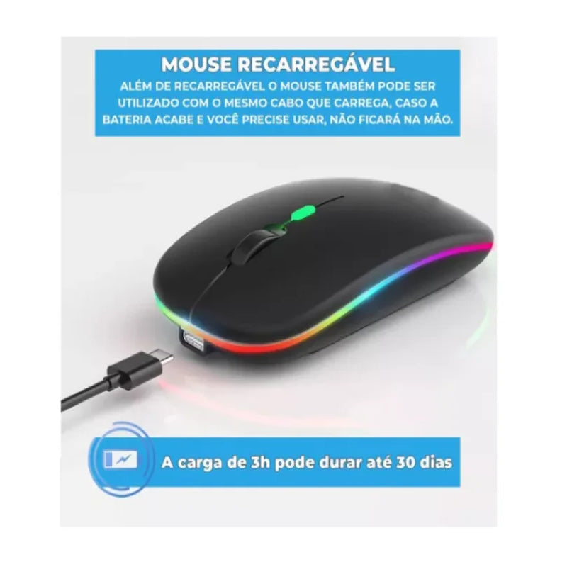 Mouse Sem Fio Recarregável Silencioso Led Rgb